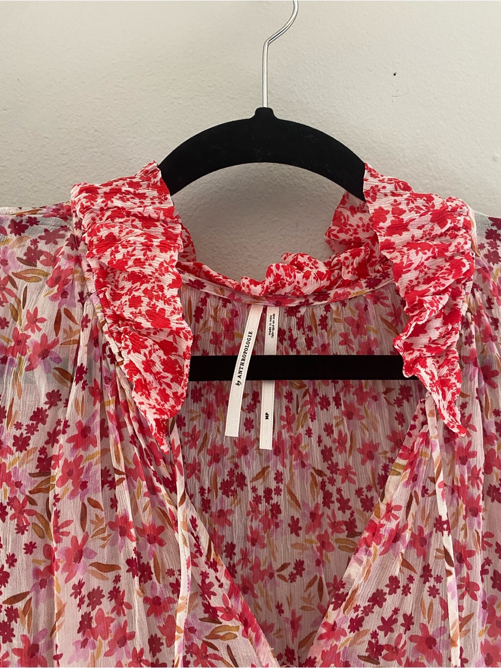 Anthropologie Pink and Red Floral Ruffled V-Neck Blouse